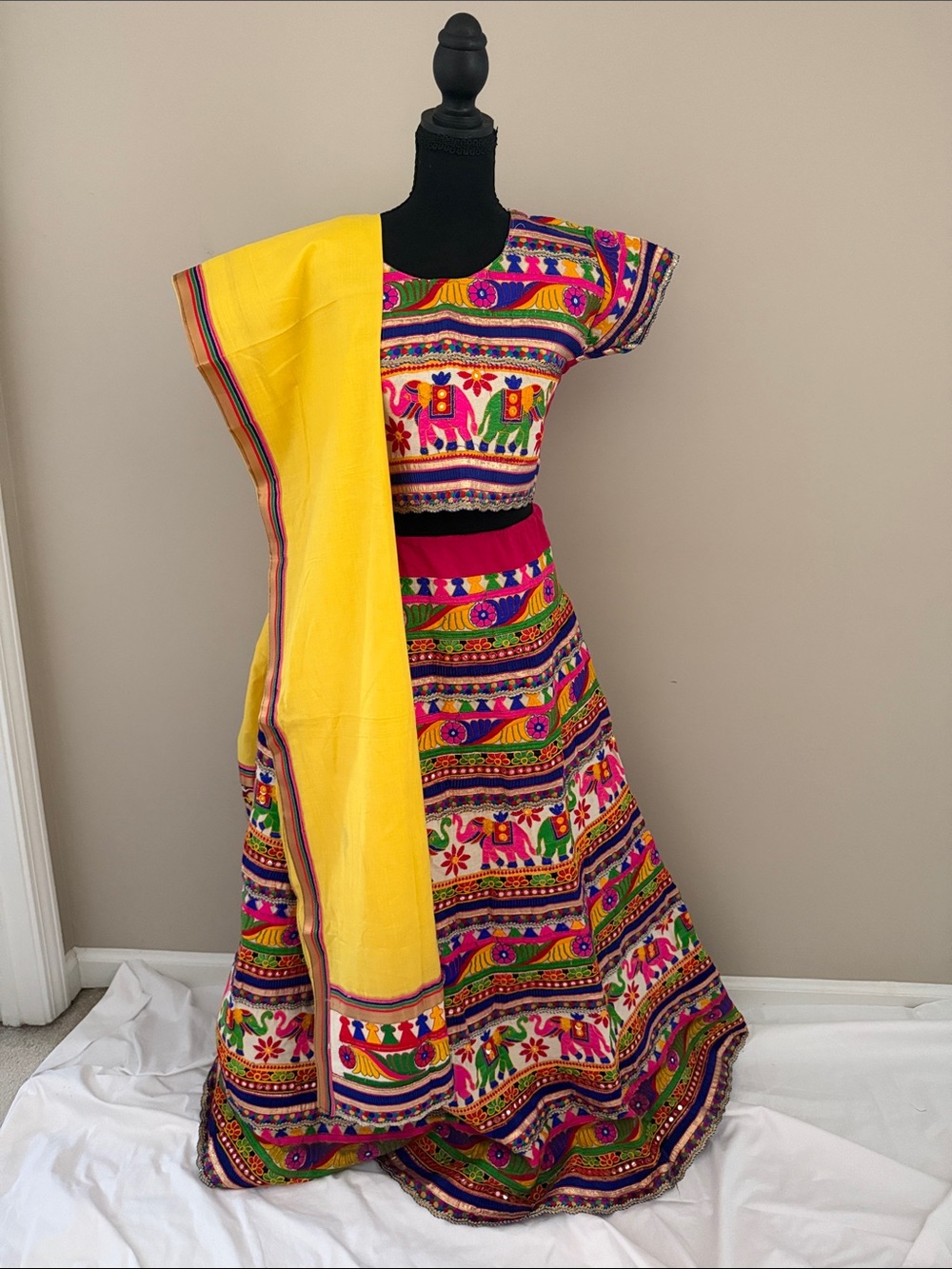 Vibrant Multicolor Embroidered A-Line Garba Navratri Set with Yellow Dupatta